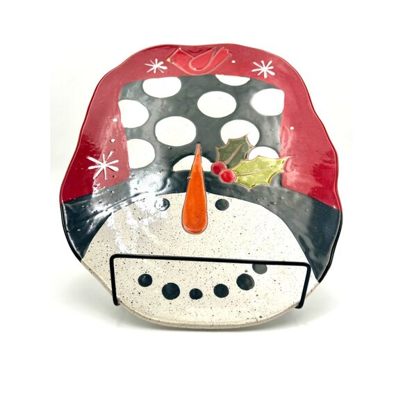 Festive Grasslands Road Snowman Ceramic Serving Platter With Polka Dot Hat & Hol - Picture 2 of 5